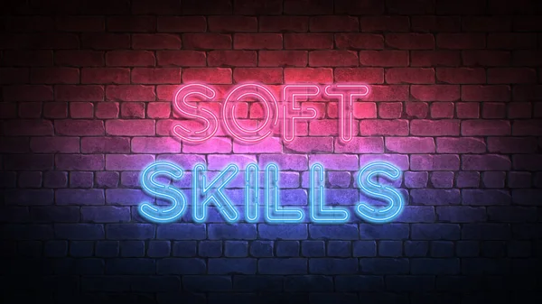 Soft Skills neon sign. purple and blue glow. neon text. Brick wall lit by neon lamps. 3d render. Trendy Design. light banner, bright advertisement. High quality 3d illustration