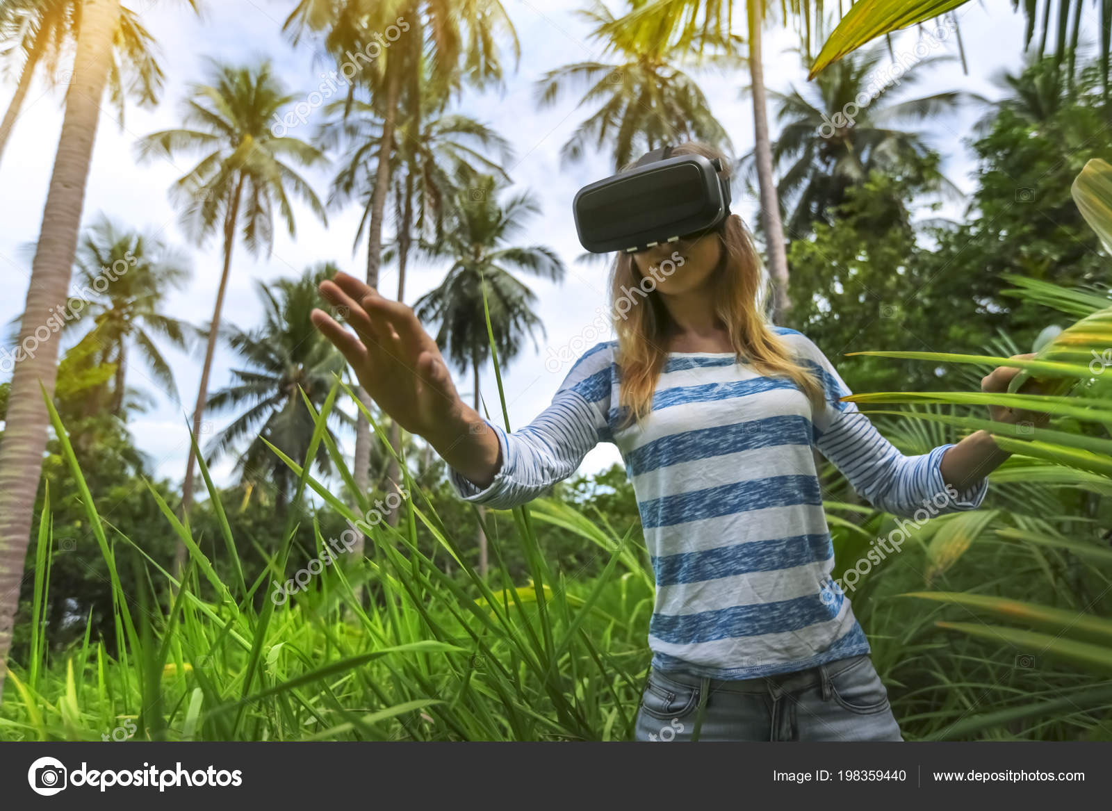 Virtual Reality Headset Woman Exploring Play Background Nature Jungle