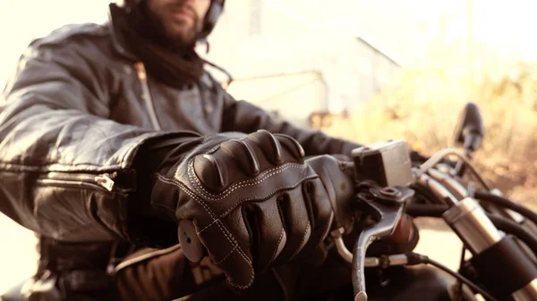 Motorbike Person Leather Gloves Start Handle Ready — Φωτογραφία Αρχείου