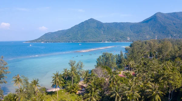 Vue Palmier Plage Sable Tropical Groupe Bateaux Taxis Longue Queue — Photo