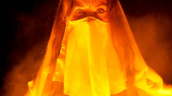 Fire Woman Posing Burning Flame — Stock Photo, Image