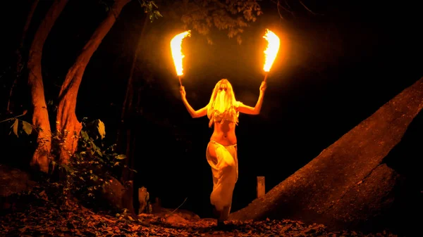 Fire Woman Posing Burning Pair Swords — Stock Photo, Image