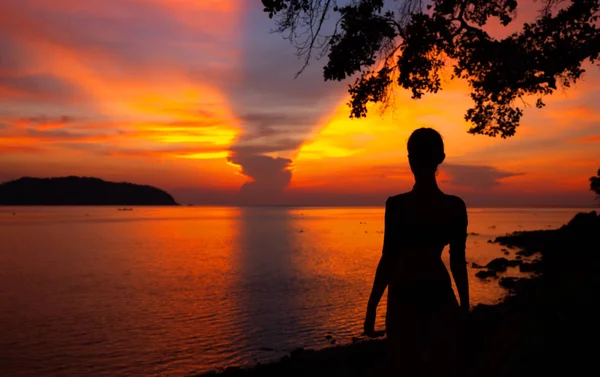 Женщина Смотрит Восход Солнца Море — стоковое фото