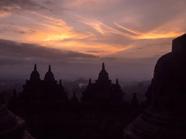 Východ Slunce Chrámu Borobudur Jávském Ostrově Indonésie — Stock fotografie