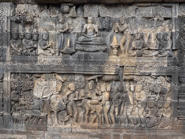 Paneles Pared Relieve Del Templo Borobudur Isla Java Indonesia — Foto de Stock