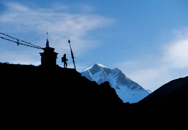 アクティブなハイキング 景色を楽しみ ヒマラヤの山々の風景を見て 旅行スポーツライフスタイルのコンセプト — ストック写真