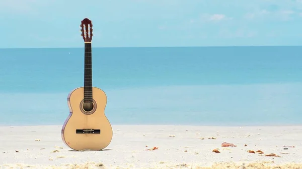 夏日的天空下 在美丽的沙滩上 一把声乐吉它 — 图库照片