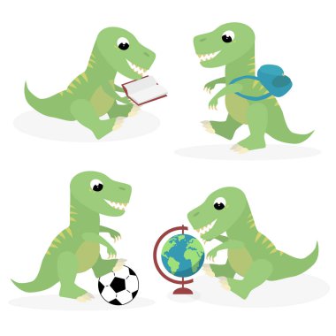 Geri okul sevimli öğrenci trex dinozor vektör çizim için okuma, eğitim, sırt çantası ile okula yürüme, futbol oynamak gibi okul aktiviteleri ile