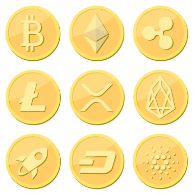 Cryptocurrency para seti: bitcoin, litecoin, dalgalanma madeni para, ethereum, rpx, eos, yıldız, çizgi, cardaro coinsgolden vektör paralar cryptocurrency sembolü ile