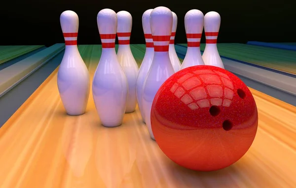 Bowling fundo com skittles e bola — Fotografia de Stock