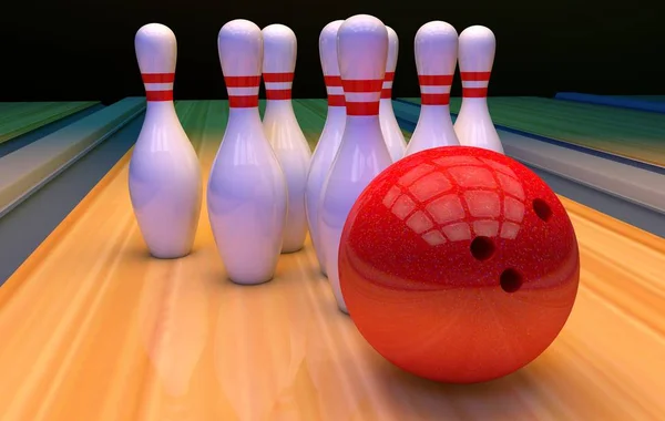 Bowling sfondo con birilli e palla — Foto Stock