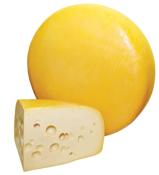 Cabeza y pieza de queso sobre fondo blanco — Foto de Stock