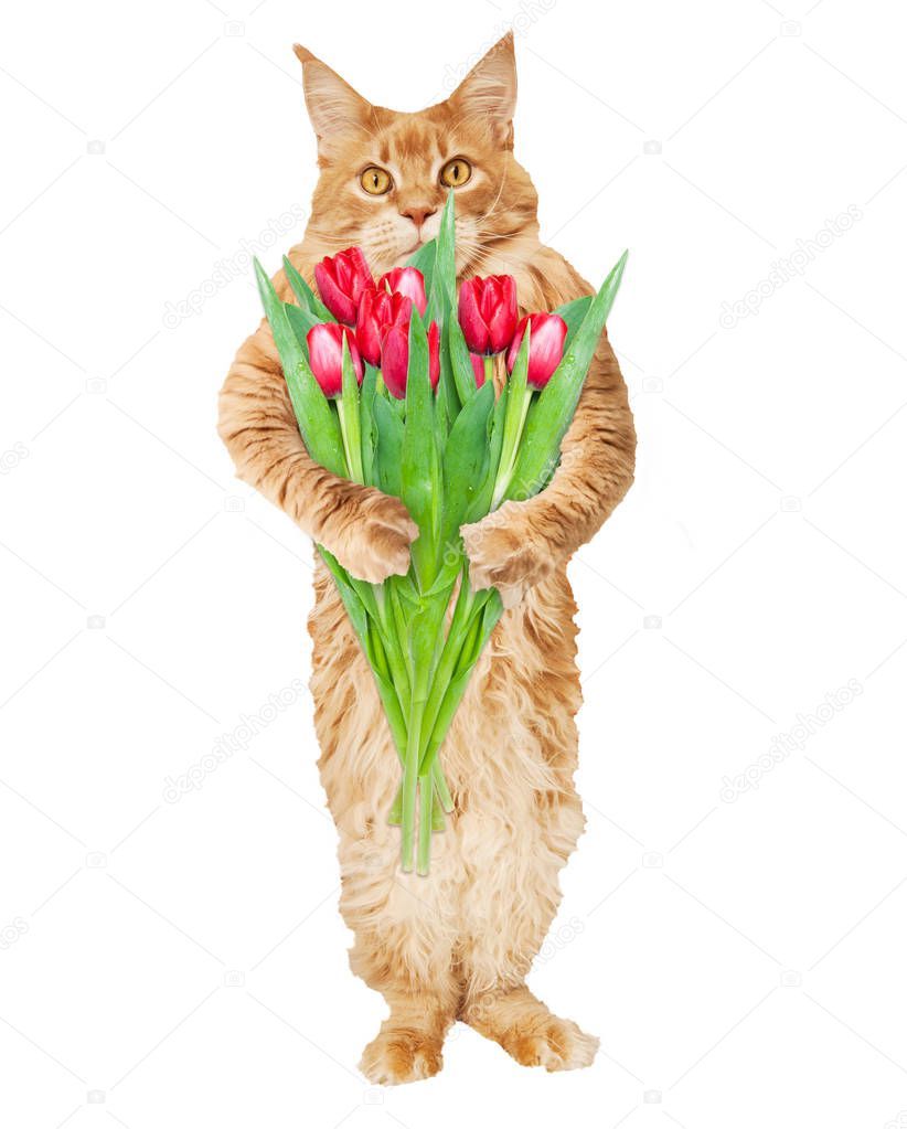 Maine Coon cat with a bouquet of tulip flowers