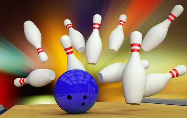 Bowling strike s míčkem a kuželkami — Stock fotografie