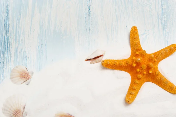 Fondo marino con arena blanca y madera pintada de azul, estrellas de mar, conchas — Foto de Stock