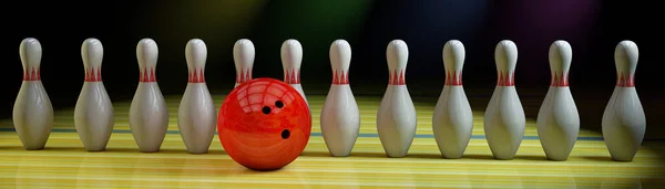 Bowling achtergrond met rij van pennen en bal. — Stockfoto