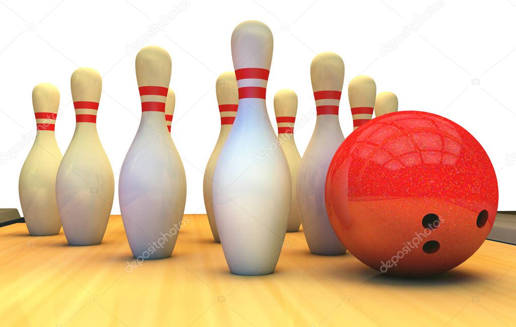 Bowling background with pins and ball.