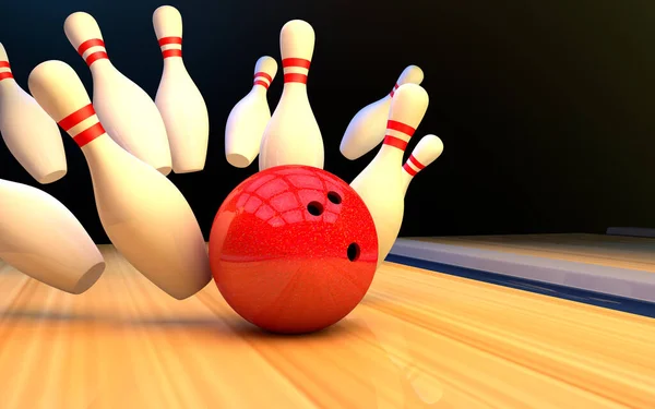 Bowling strike s míčkem a kuželkami — Stock fotografie