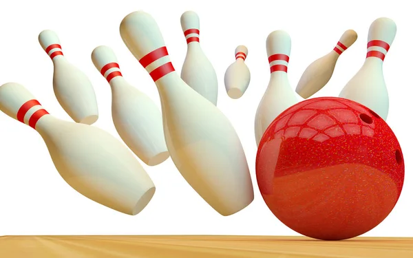Bowling strike s míčkem a kuželkami — Stock fotografie