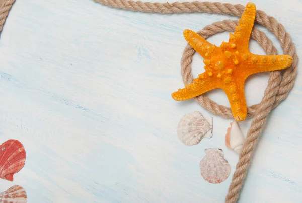 Fondo marino con madera azul, cuerda, estrellas de mar, conchas — Foto de Stock