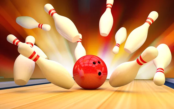 Bowling sciopero con una palla e birilli — Foto Stock
