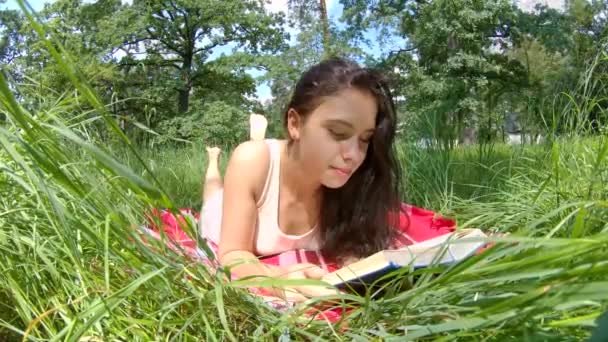 Menina lê um livro no prado no verão — Vídeo de Stock