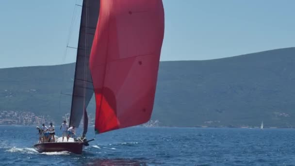 Tivat, Montenegro - 15 de maio de 2016: Regata veleiros no mar, Montenegro, Kotor Bay. Uma equipe de marinheiros dirige um iate vermelho durante uma corrida . — Vídeo de Stock