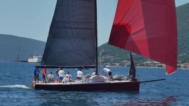 Tivat, Montenegro - 15 maggio 2016: Regata di barche a vela in mare, Montenegro, Kotor Bay. Un team di marinai guida uno yacht a vela rossa durante una gara . — Video Stock