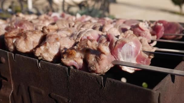 Beef kebabs cooking on brazier outside. Closeup shish kebabs grilling on open fire outdoors. Pork meat barbecuing on metal skewers for dinner party on backyard. — Stock Video