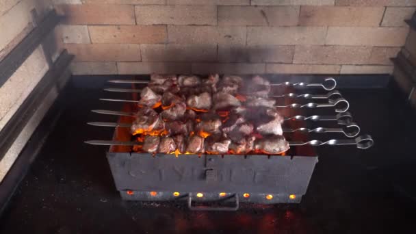 Shish kebab. Vepřové nebo jehněčí maso se smaží na grilu na dřevěném uhlí. Smažení grilovaných kousků masa během zbytku. — Stock video