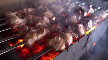 Skewers 'da Şiş Kebap pişirmek doğadaki bir yangından daha iyidir. Köyün kırsal kesimindeki bir yangında şiş kebap hazırlıyorum. Çiğ et kömür ızgarasında pişirilir.