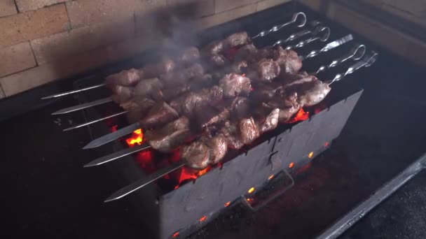 Kebabs de boeuf cuisiner sur brasero dehors. Gros plan shish kebabs griller sur le feu ouvert à l'extérieur. Barbecuant de viande de porc sur des brochettes en métal pour le dîner sur la cour. — Video