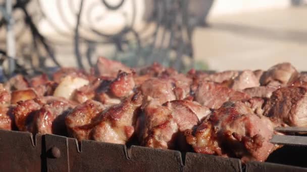 Carne de churrasco em espetos, carne lindamente dourada na grelha. Uma carne de porco na grelha no jardim da primavera. Cozinhar shashlik na mangal na natureza. Shashlik cozinhar nas brasas — Vídeo de Stock