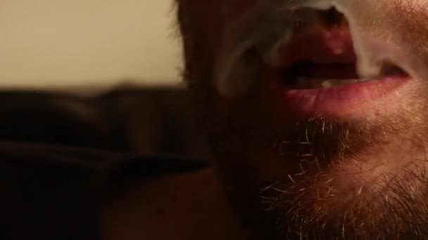 Homme barbu fumant une cigarette électronique. Vaper. Fumée générée par la cigarette. Concept de fumeur du futur, soins de santé ou maladies causées par les cigarettes électroniques — Video