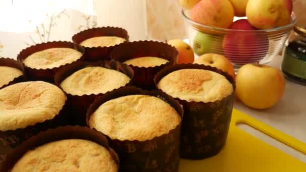 Pastel tradicional de Pascua, Panettone - postre de Navidad milanés, Stollen - bollería tradicional alemana. Nueve piezas de pie sobre la mesa . — Vídeo de stock