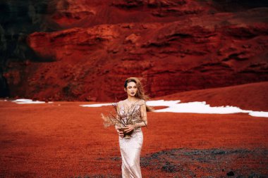 Altın bir gelinlik içinde bir gelin modeli portresi, sarı-kırmızı bir taş ocağında, İzlanda 'da bir volkanın kraterinde, Altın Çember' de. Vazodaki altın dallar ve enstrümanlar..