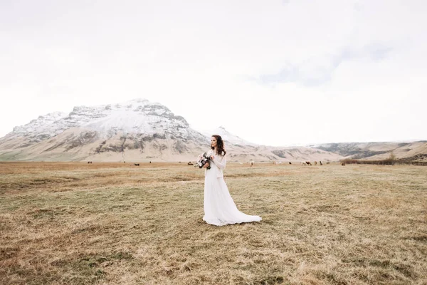 Potret seorang pengantin dengan gaun pengantin putih, dengan buket pengantin di tangannya. Di lapangan rumput kuning kering, di tengah gunung bersalju dan merumput kuda Islandia. Tujuan pernikahan Islandia.. — Stok Foto