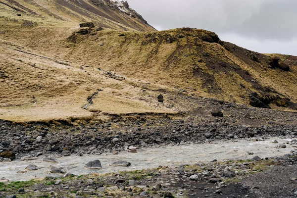 아이슬란드에 있는 노란색 풀 이 있는 산을 향해 얕은 산줄기가 흐른다. — 스톡 사진