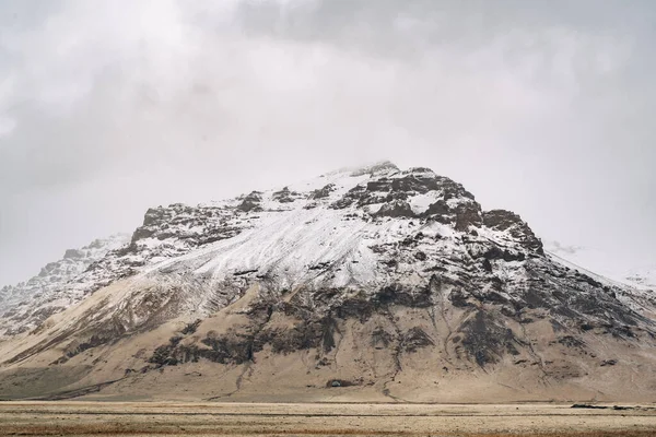 A field of dry yellow grass, against the backdrop of snow-capped mountain peaks in Iceland, in cloudy weather.