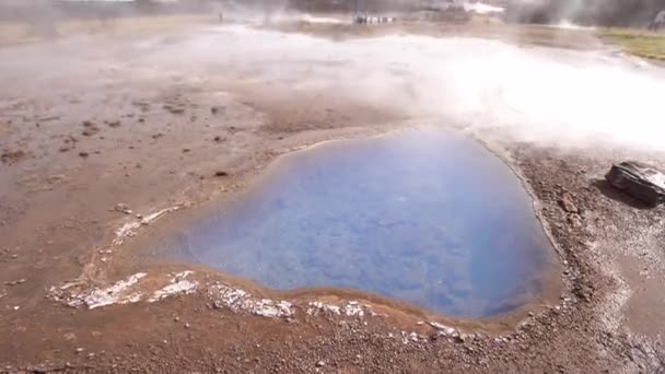 Geyser Valley, no sudoeste da Islândia. A famosa atração turística Geysir. Zona geotérmica Haukadalur. Geyser Strokkur nas encostas da colina Laugarfjall . — Vídeo de Stock