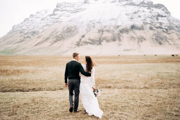 Le couple de mariage va au loin. Le marié embrasse la mariée. Champ d'herbe sèche avec mousse, sur fond de montagne enneigée. Destination Mariage Islande . — Photo