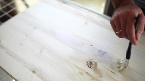 La mano del hombre pinta la masa de madera con un pincel blanco . — Vídeos de Stock