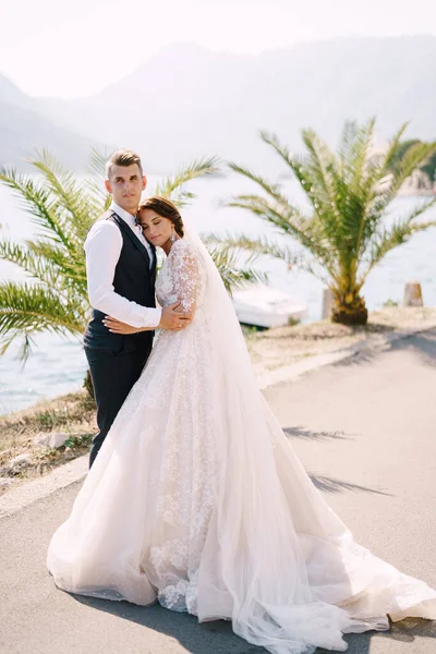 Fine-art wedding photo in Montenegro, Perast. A wedding couple stands embracing on the embankment near the sea, amid palm trees, mountains and the old city. — Stock Photo, Image