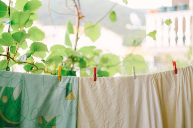 Çarşaflar çengelli bir iple kurutulur, bahçede..