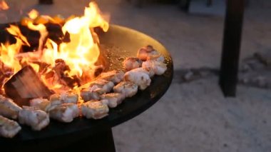 Balık bifteği parçaları ızgarada. Balık yuvarlak çelik bir ızgarada pişiriliyor. Bir tenceresi ve ortasında açık bir ateş var..