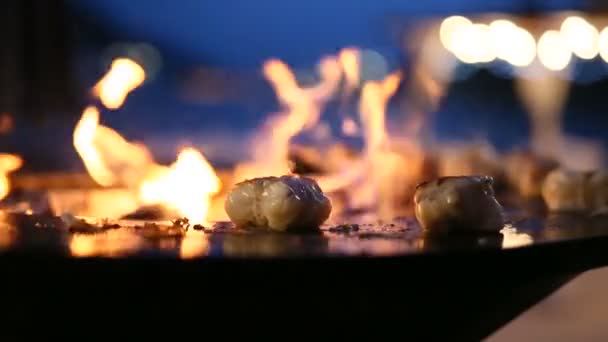 Gros plan de morceaux de steak de viande sur la surface chaude. Le poisson est en cours de préparation sur un barbecue extérieur en acier rond avec une table de cuisson et un feu ouvert au milieu. — Video