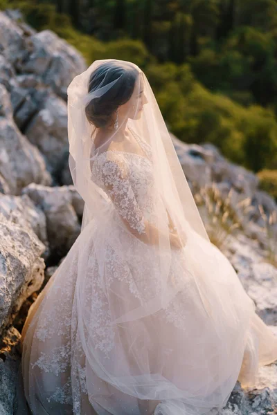 Potret close-up dari pengantin wanita ditutupi dengan kerudung. Foto pernikahan yang indah di Montenegro, Gunung Lovchen. — Stok Foto