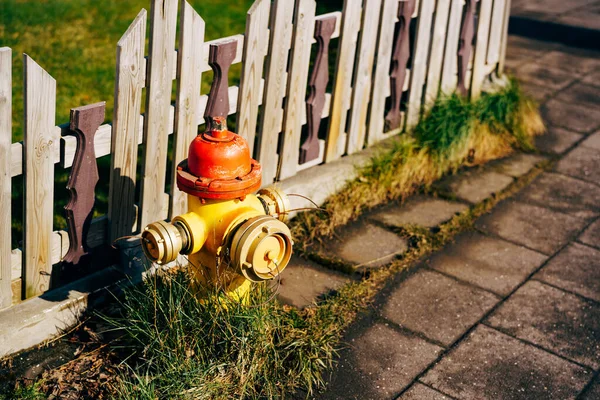 Gele brandkraan met rode dop en zilveren deksels. In het gras bij een houten hek. — Stockfoto