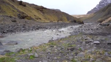 Sığ bir dağ nehri İzlanda 'da sarı çimenleri olan bir dağa doğru akar..