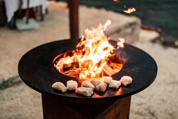 Les steaks de poisson sont grillés. Gros plan sur des morceaux de poisson. Bol à griller rond, grille-pain rond avec un feu au centre. — Photo